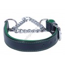Adjustable PADDED Half check / Martingale Leather Dog Collar - Black with Green Lining. (Stainless Steel Chain)